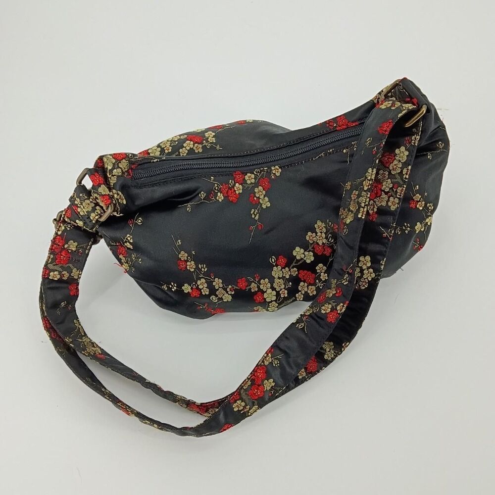 Y2K Black Floral Nylon & Polyester Hobo Bag with Red & Gold Flowers Adjustable
